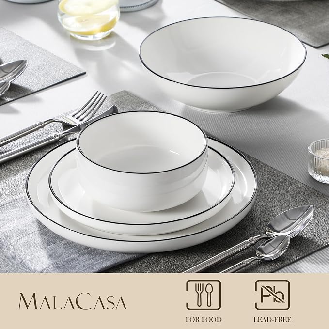 MALACASA 24 Pcs Porcelain Plates and Bowls Sets,Dinnerware Set for 6,White | Modern Ceramic Dishware Set,Kitchen Dining Ware,Microwave and Dishwasher Safe,Simple White with Black Trim Design,Series LUNA - Image 3
