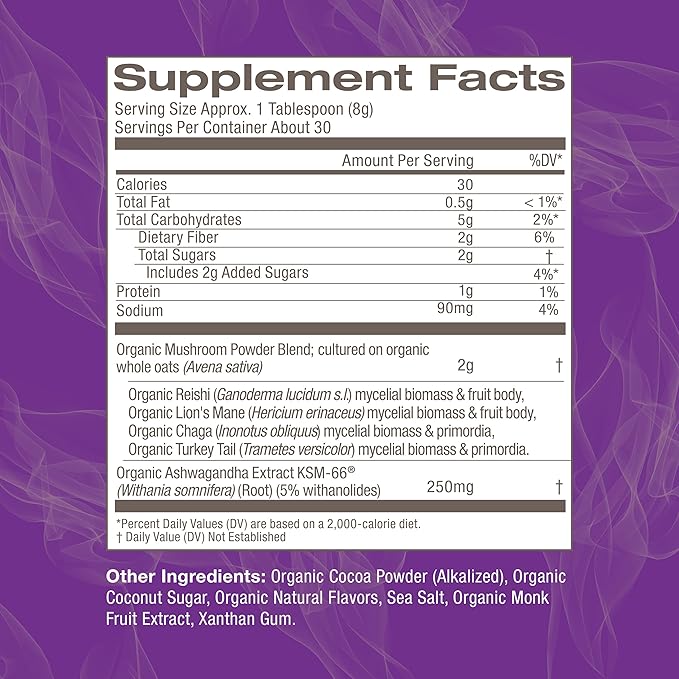 OM MUSHROOM SUPERFOOD Hot Chocolate Blend – Dutch Cocoa with Lion’s Mane, Reishi, Chaga & Turkey Tail – Supports Focus, Calm & Stress Relief – 2g Sugar, 25 Calories – 8.47 oz Canister (30 Servings)