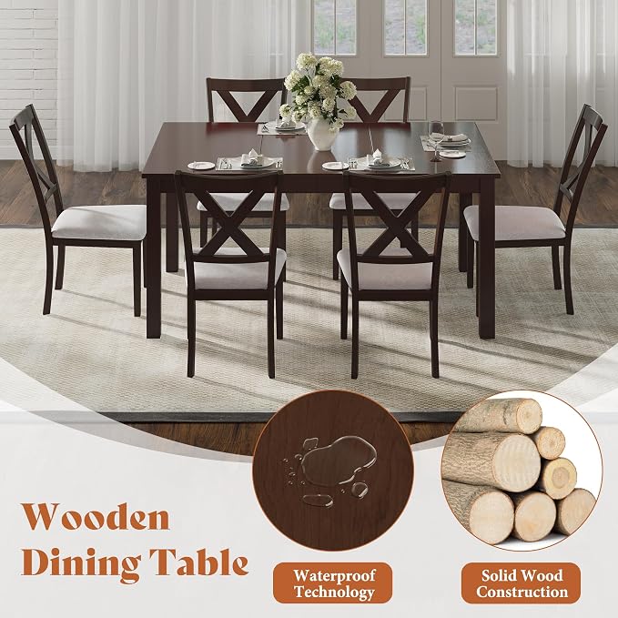 AMERLIFE 7-Piece Farmhouse Dining Table Set for 6, 60'' Table and 6 Chairs | Solid Wood Kitchen Table with 6 Upholstered Chairs, Space-Saving Dining Set for Dining Room, Kitchen, Small Apartment, Brown - Image 3