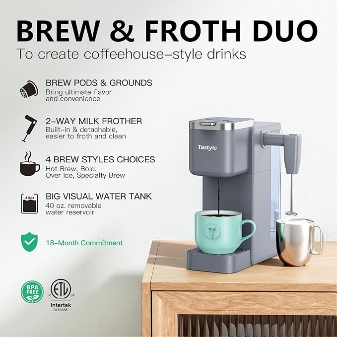Tastyle Single Serve Coffee Maker with Built-in Detachable Milk Frother | For K Cups & Grounds, 40oz Removable Water Tank, 6 Brew Sizes, 2 Drip Trays, BPA Free, Fits 7.3" Travel Mug, K330MF, Gray - Image 2