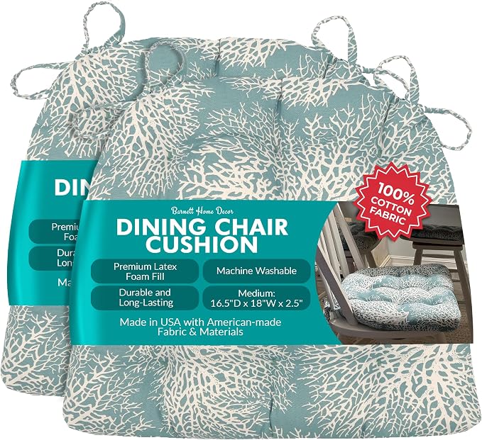 Barnett Home Decor Dining Chair Cushions with Ties – Size Medium 16.5 x 18 - Latex Foam Fill, 100% Cotton, Machine Washable Chair Pads for Kitchen Chairs, Made in USA (Ariel Fan Coral/Pack of 2) by BarnettHomeDecor