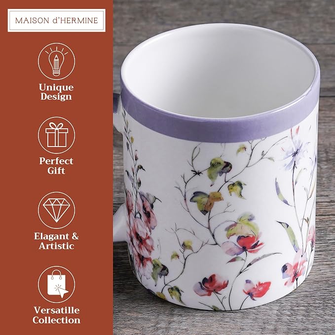Maison d' Hermine Coffee Mug with Handles Tea Cups (12 Ounce, Pack of 1) | Fine Bone China Coffee Mugs for Hot Beverages Cappuccino Latte Home Restaurant Spring Summer -Summer Floral - Pink Clover - Image 2