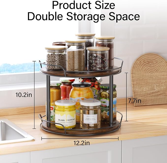 12'' Rotating Spice Rack, 2-Tier Lazy Susan Turntable Organizer | Wooden, for Cabinet, Table Top, Kitchen Countertop, Pantry, Bathroom, Vanity, Home Decor - Image 2