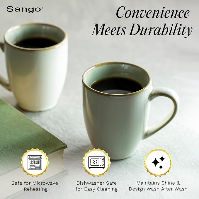 SANGO Resona Moss Stoneware Heat Resistant Coffee Mugs, Microwave and Oven Safe, 12 oz, White, 4 Count - Image 4