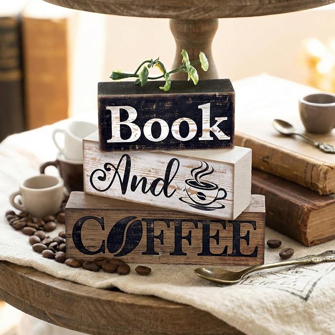 Moucuny 4 Pcs Farmhouse Table Decor Rustic Wooden "book and Coffee" Stacked Block Sign - Vintage Farmhouse Tiered Tray Decor with Coffee Cup & Bean Design, Perfect for Home Office Bookshelf Display - Image 5