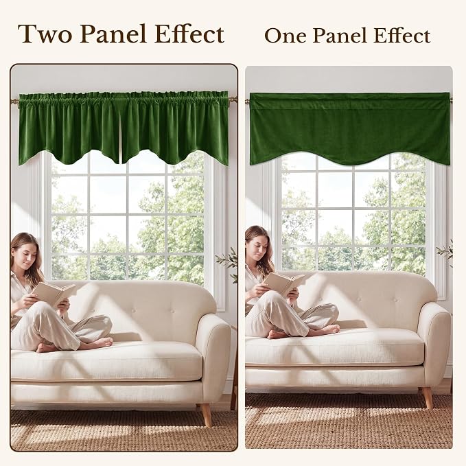 Moss Green Scalloped Velvet Valance 52x18 Inch 1 Panel | Thick Wavy Green Kitchen Curtains, Decorative Small Window Treatment for Living Room, Bathroom, Rod Pocket - Image 7