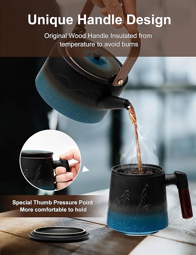 suyika Ceramic Tea Cup with Infuser and Lid, Gradient Embossed Large Tea Mug Wooden Handle for Steeping Loose Leaf, Tea Lover Gifts 15.2 oz / 450 ml,Black & Cyan - Image 5