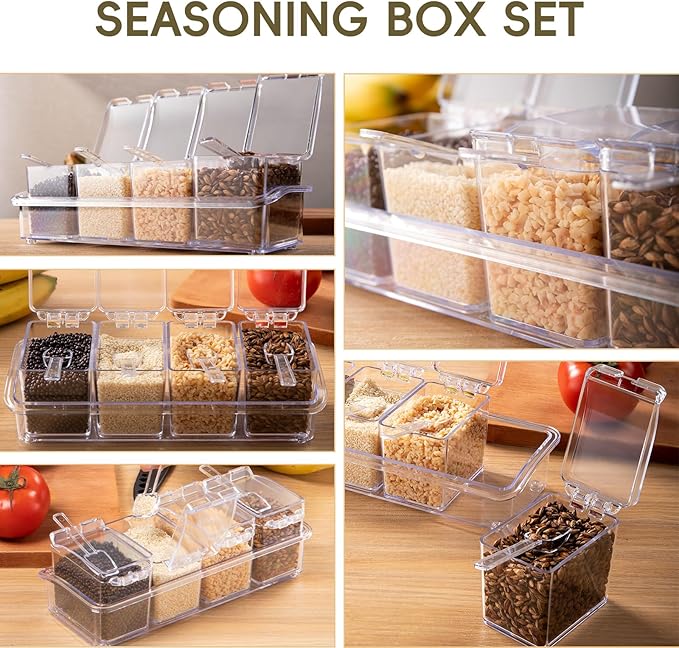 Clear Seasoning Box, 4 Pieces Seasoning Rack Spice Pots, Storage Container Condiment Jars Acrylic Seasoning Box with Covers and Spoons for Spice, Sugar, Salt, Sugar, Cardamon, Cinnamon - Image 4