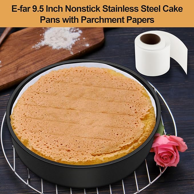 E-far 9.5 Inch Cake Pans Set of 2, Nonstick Stainless Steel Small Round Baking Pans with Parchment Paper & Side Liner Roll, Stainless Steel Core & Non-toxic Coating, Straight Side & 2 Inch Deep - Image 7