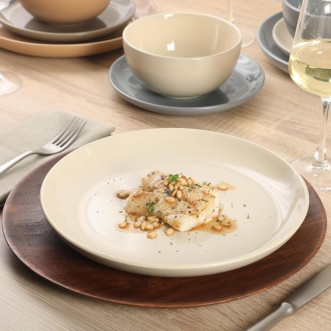 Gibson Home Rockaway 12 Piece Plates and Bowls Matte Outside/Shiny Inside Glaze Service for 4 Dinnerware Set - Assorted Color (Cream, Blue, Beige, Brown) - Dishwasher and Microwave Safe - Image 2