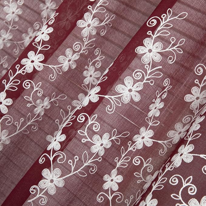 Red Sheer Curtains 84 Inches Long 2 Panels, White Floral Pattern Drapes for Living Room, Light Filtering Rod Pocket Window Treatments for Office, 54 x 84 Inches - Image 7
