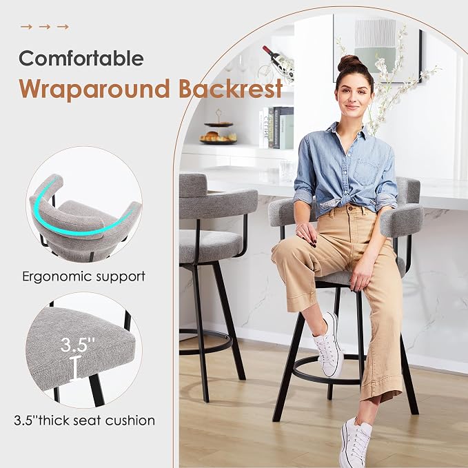 Flouki Swivel Bar Stools with Backs and Arms, Modern Bar Stools Set of 2 for Kitchen Island, 26" Upholstered Linen Counter Height Bar Stools for Kitchen Counter, Dining Room, Grey - Image 3