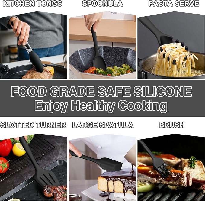 Silicone Kitchen Utensils Set, Umite Chef 22Pcs Cooking Utensils Spatula Set, Heat Resistant Non-Stick Silicone, Dishwasher Safe Cooking Gadgets Tools Set(Black) - Image 6