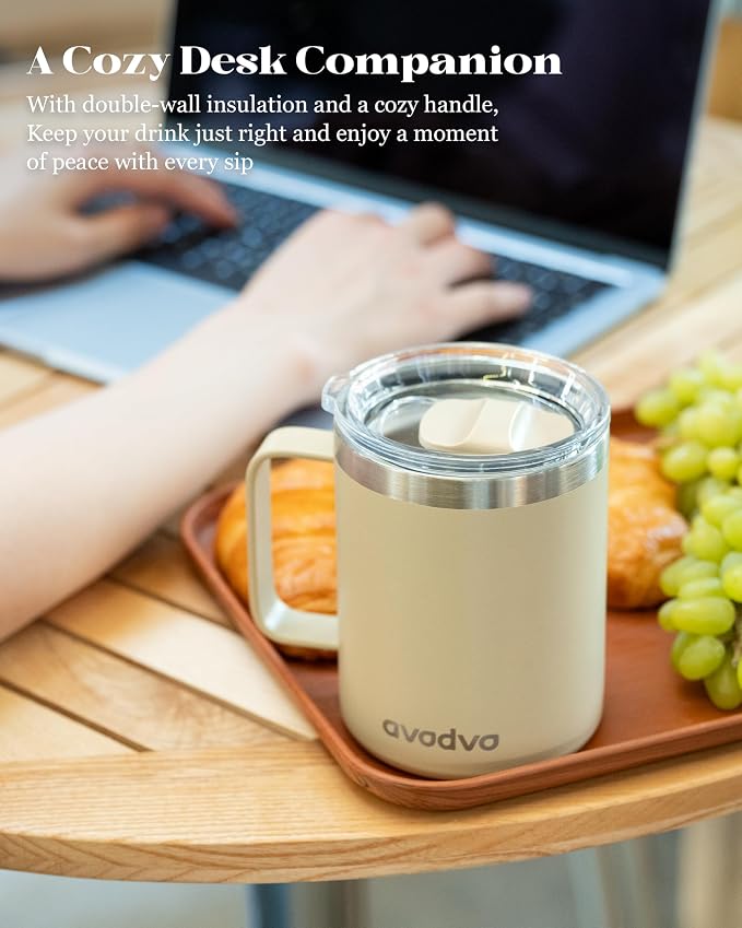 12oz Insulated Coffee Mug with Lid – Includes Two Lids, Stainless Steel Coffee Travel Mug with Handle, Double Wall Vacuum Insulated Camping Mug for Home, Office & Outdoor, Brown - Image 5