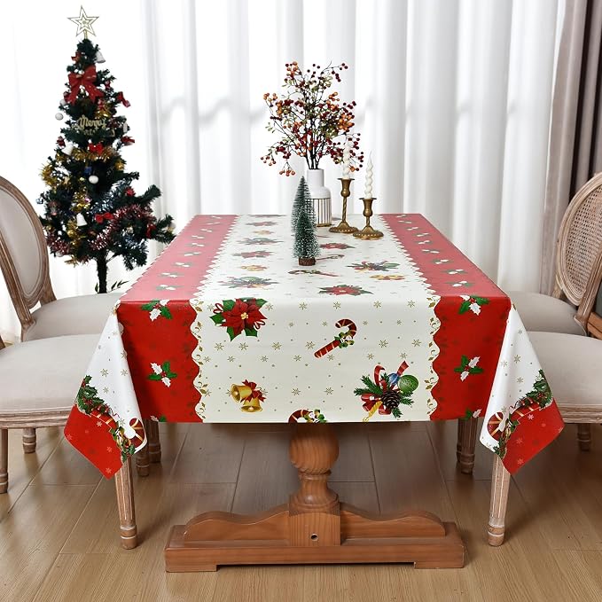 Christmas Tablecloth Heavy Duty Vinyl Red 54x108 inch Square Christmas Table Cloth Reusable Waterproof Foldable Plastic Tablecloths PVC Xmas Table Cover for New Year Party Decor - Image 7
