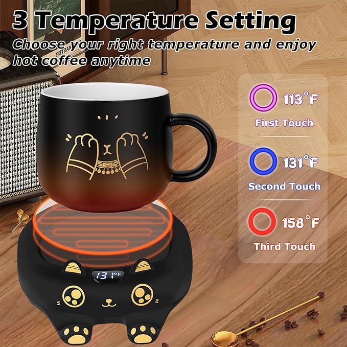PUSEE Coffee Mug Warmer & Cute Cat Mug Set, Coffee Cup Warmer for Desk with Auto Shut Off, Beverage Warmer with 3 Temp Settings, Candle Warmer Coffee Warmer with Mug Set for Christmas & Birthday Gifts - Image 2