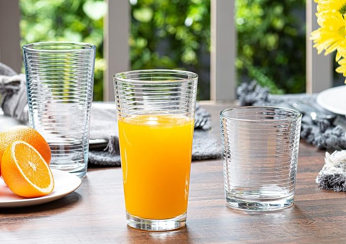 Le'raze Set of 16 Heavy Base Ribbed Durable Drinking Glasses Includes 8 Cooler Glasses (17oz) and 8 Rocks Glasses (13oz), Clear Glass Cups - Elegant Glassware Set - Image 7