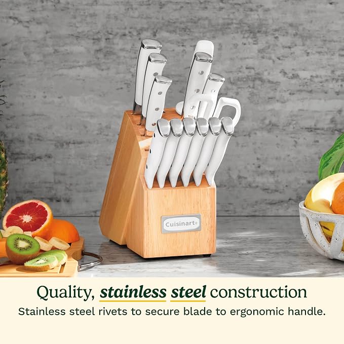 Cuisinart 15-Piece Knife Set with Block, High Carbon Stainless Steel, Forged Triple Rivet, White, C77WTR-15P (Pack of 2) - Image 2