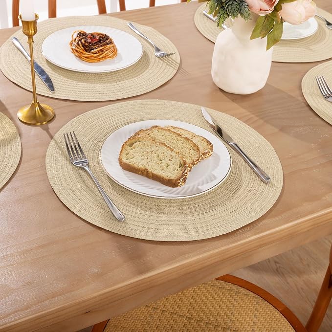 SHACOS 15 inch Round Braided Placemats Set of 6 Cotton Polyester Heat Resistant Table Mats Washable Place Mats for Dinner Party Table Decoration (Light Beige, 6) - Image 8