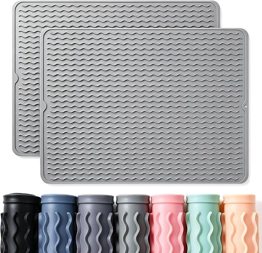 2 Pack Caketime Silicone Dish Drying Mat for Kitchen Counter Heat Resistant Pads Hot Dishes Waterproof with Under Sink Soap Holder Coffee Bar Accessories Women Gifts Extra Large 24"x18" Light Gray by CAKETIME