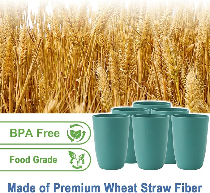 16 OZ Drinking Cups, Wheat Straw Cups Set of 6 - Reusable Water Cups, Unbreakable Plastic Drinking Glasses, Dishwasher Safe Tumbler Cups for Kitchen, Camping, RV -Green - Image 3