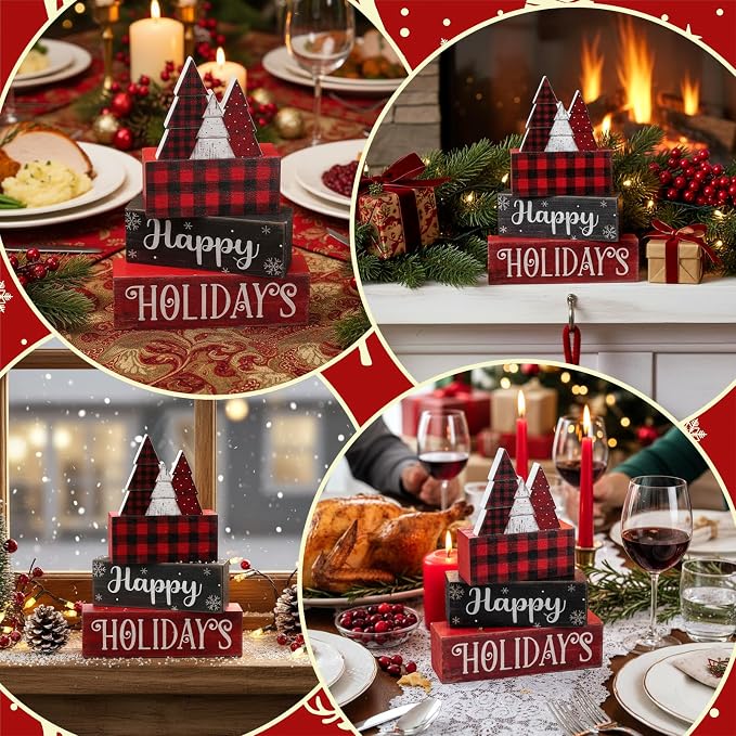 Moucuny 4 Pcs Christmas Table Decor Wooden Tree Decoration Christmas Centerpiece Winter Tiered Tray Decor Decorative Red and Black Buffalo Plaid Block Signs Gift Farmhouse Xmas Decoration for Kitchen - Image 5