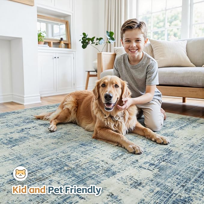 9x12 Washable Area Rug for Living Room Bedroom: Non-Slip Modern Blue Gray | Machine Washable TPR Backing, Stain-Resistant Low Pile, Pet & Kid Friendly, Abstract Decor for Dining Room, Dorm, Home Office - Image 7