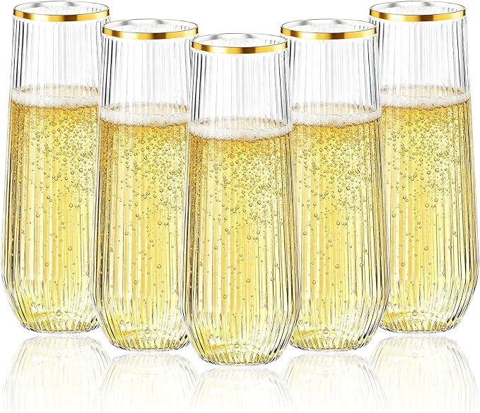 Goodluck 24pack 9oz Clear Stemless Plastic Champagne Flutes with Gold Rim | Ribbed Stemless Toasting Glasses，Champagne Flutes Plastic for Weddings, Bars, Events, Party And Celebrations by GoodLuck