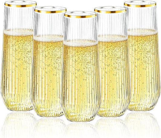 Goodluck 48pack 9oz Clear Stemless Plastic Champagne Flutes with Gold Rim | Ribbed Stemless Toasting Glasses，Champagne Flutes Plastic for Weddings, Bars, Events, Party And Celebrations by GoodLuck