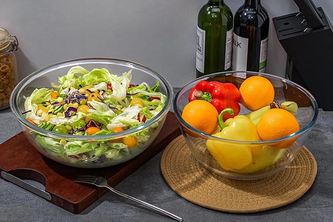 4.7Qt Large Glass Mixing Bowls, Clear Large Salad Bowls,Thick Glass Big Mixing Bowls Salad Bowls Cooking Bowl for Kitchen Prepping Baking Serving, Fruit,Candy, Dishwasher Safe, Borosilicate Glass