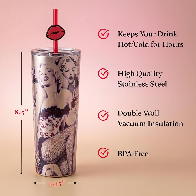 Dragon Glassware x Marilyn Monroe 100th Celebration Tumbler, 24oz - Glamour | Vacuum Insulated Stainless Steel Tumbler with Straw & Lid; Double Walled Tumbler with Straw Charm; Marilyn Monroe Cup - Image 3