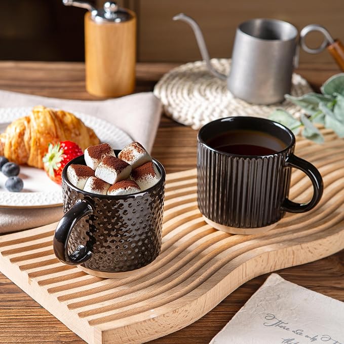 GBhome 6 OZ Stackable Coffee Mugs Set of 4, Ceramic Coffee Cups Set | 4 Assorted Designs, Embossed Mugs with Texture Patterns for Espresso/Tea, Dishwasher&Microwave Safe, Black - Image 6