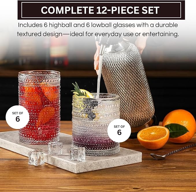 Khen Vintage Hobnail Drinking Glasses Set of 12, 13oz Highball Glasses & 10 oz Lowball Tumblers, Kitchen Water Glasses Cup, Bar Water, Juice, Cocktails Beer, Milk Indoor/Outdoor Bar & Party Drinkware - Image 3