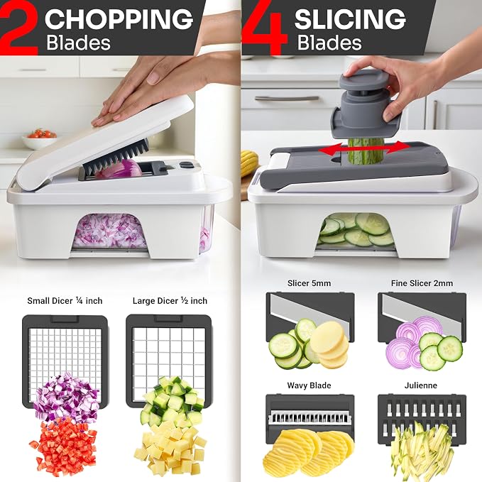 Mueller Pro-Series All-in-One, 12 Blade Mandoline Slicer for Kitchen | Spiralizer, Food Chopper, Vegetable Slicer, Cutter, Dicer, Grater, Kitchen Gadgets with Container, White Sand/Gray - Image 4