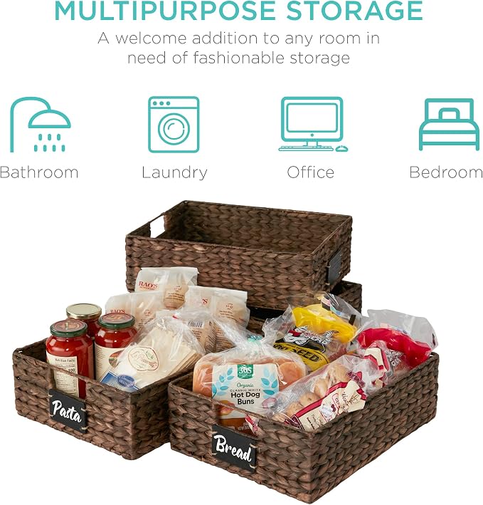 Best Choice Products Set of 4 16x12in Large Water Hyacinth Pantry Baskets, Woven Organizers w/Chalkboard Label, Chalk Marker - Brown - Image 6
