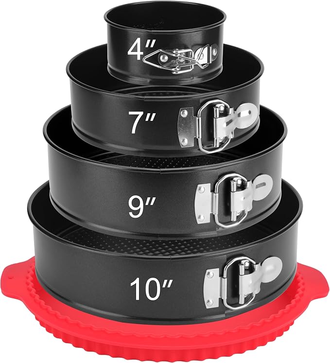 Springform Pan Set of 4, 4/7/9/10inch Cake Pans with Leakproof Silicone Protector, Non-Stick Leak-Proof with Removable Bottom, Cheesecake Pan for Baking, Black by isheTao