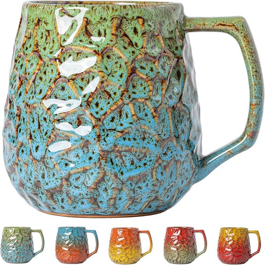 18oz Unique Kiln-Change Ceramic Coffee Mug, Handcrafted Hammered Texture Ceramic Mug with Ergonomic Handle, Microwave & Dishwasher Safe, Gift for Coffee Lovers, Home Office Daily Use (Green & Blue) by XIYUANJI
