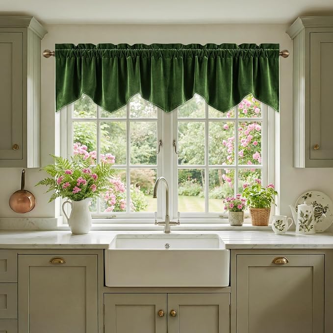 Moss Green Scalloped Velvet Valance 52x18 Inch 1 Panel | Thick Wavy Green Kitchen Curtains, Decorative Small Window Treatment for Living Room, Bathroom, Rod Pocket by StangH