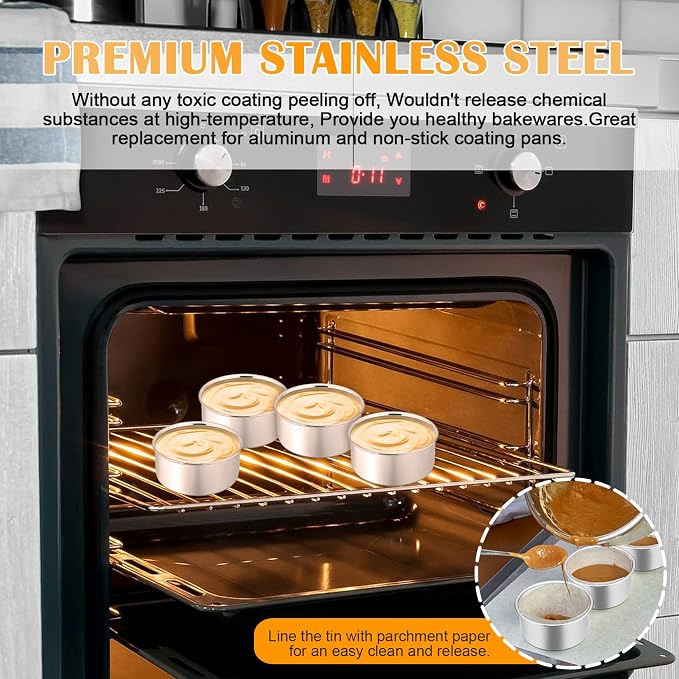 P&P CHEF 4 Inch Cake Pan Set of 4, Stainless Steel Round Cake Pans Tins | Baking Round Cake Bakeware for Birthday Wedding, Leak-proof & Mirror Finish & Easy Releasing, Dishwasher Safe - Image 7