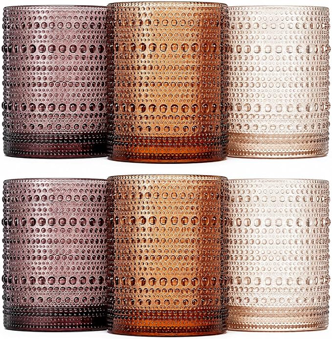 Venus Amber Brown Hobnail Highball Glasses Vintage Tumblers Set of 6 11 oz | Vintage Beaded Design, Embossed Bubble Texture, Elegant Color, Timeless Drinkware for Home Bars, Parties, and Housewarmings by Khen