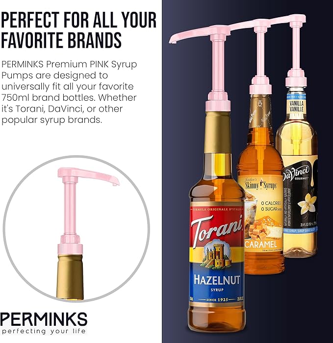 Premium Syrup Pump Compatible with Torani 750 ml Bottle, Davinci Syrups - No Spill, No Clog Syrup Pump Dispenser for Vanilla, Snow Cone, Blueberry, Coffee Flavoring & More (Pack of 6, Pink)