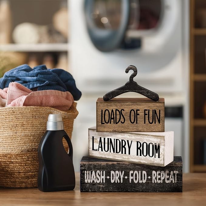 Moucuny 4 Pcs Farmhouse Laundry Room Decor and Accessories Stacked Blocks Loads of Fun Wash Dry Fold Repeat Wooden Signs Set with Vintage Hanger - Rustic Sign for Home Bathroom Shelf Housewarming Gift - Image 7