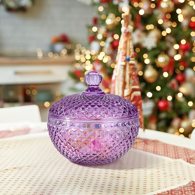 Joeyan 12 oz Small Purple Glass Jewelry Box Jars with Lid,Embossed Glass Candy Dishes,Diamond Faceted Food Container,Decorative Apothecary Canisters,Colored Kitchen Bathroom Buffet Storage Organizer - Image 5