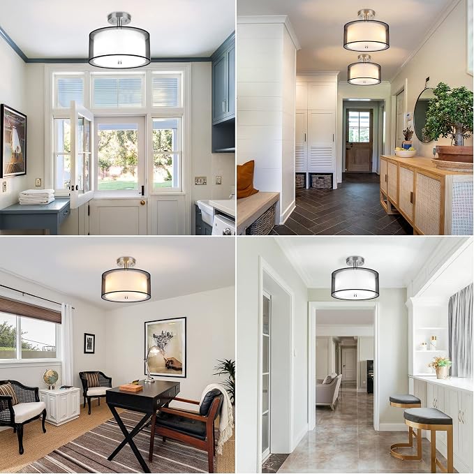 FOLKSMATE Semi Flush Mount Ceiling Light Fixture, 3-Light Drum Light with Double Fabric Shade, Modern Black Close to Ceiling Lighting for Living Room, Bedroom, Dining Room, Kitchen, Hallway, Entry - Image 5