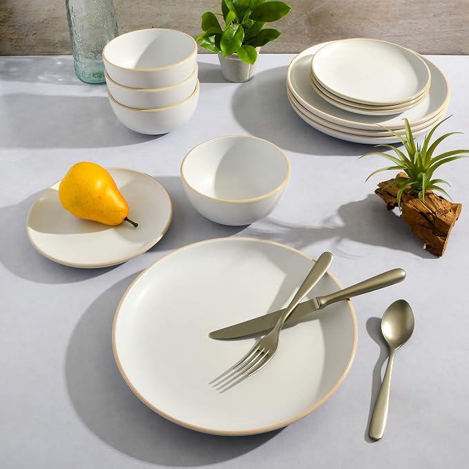 Gibson Home Rockaway 12-Piece Round Stoneware Dinnerware Set, Service for 4 – White Plates and Bowls, Modern Matte Finish, Microwave & Dishwasher Safe - Image 5