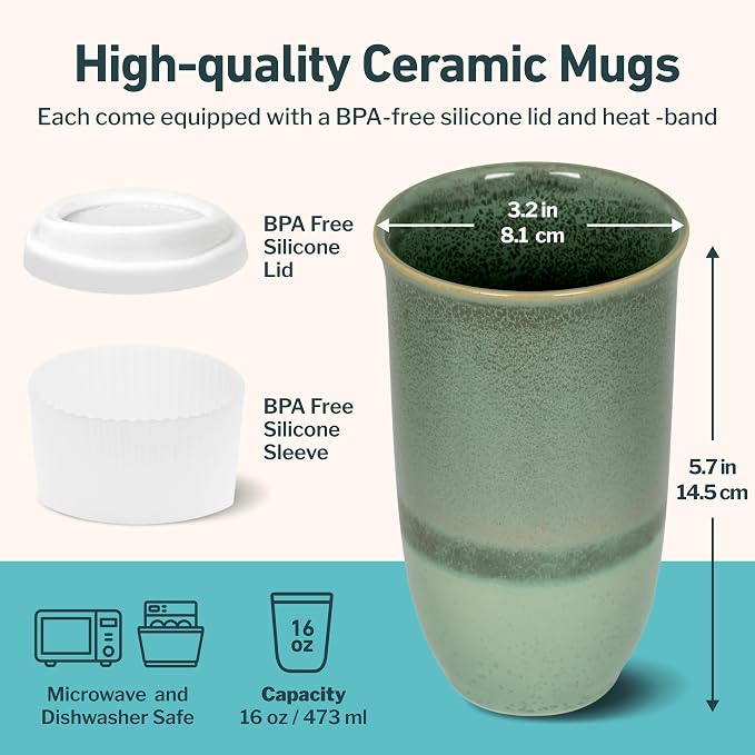 NOVA CERAMICS Coffee Travel Mug – Reusable Coffee – Microwave & Dishwasher Safe Coffee Green Tumbler - Gifts For Women Men Him Her – 16oz – Emerald - Image 3