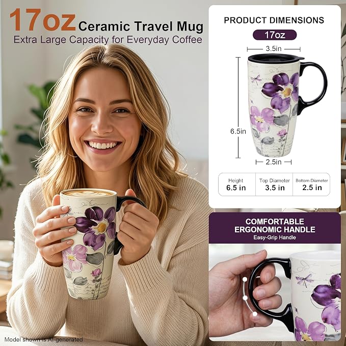 Topadorn 17oz Ceramic Travel Mug with Lid, Tall Purple Floral Coffee Mug | Large Ceramic Coffee Mug with Handle, Microwave & Dishwasher Safe, Matching Gift Box Included for Coffee, Tea and Latte - Image 2