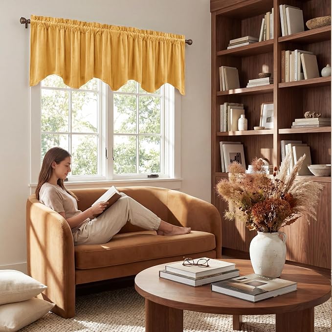 Yellowish Gold Scalloped Velvet Valance, Luxury Gold Wavy Window Treatments for Kitchen, Decorative Rod Pocket Short Drapes for Farmhouse, 52x18 Inch, 4 Panel Set - Image 4