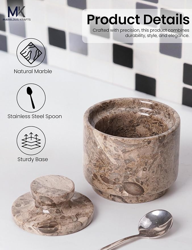 MARBLOUS KRAFTS Marble Salt Cellar 3" Inch Oceanic Flaky Salt Holder for Countertop, Set of 2 Spice Boxes, Brown Sugar Keeper, and Sugar Jar with Lid & Spoon, Perfect for Kitchen Storage - Image 5
