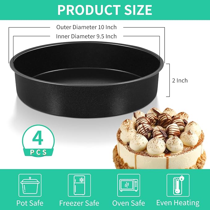 P&P CHEF 9.5 Inch Cake Pan Set, Non-stick Baking Pans for Cake, 4Pcs | Round Cake Baking Tins for Tier Smash Cakes, Bread, Non-Toxic & Solid, Stainless Steel Core & Leak-Proof, Black - Image 2